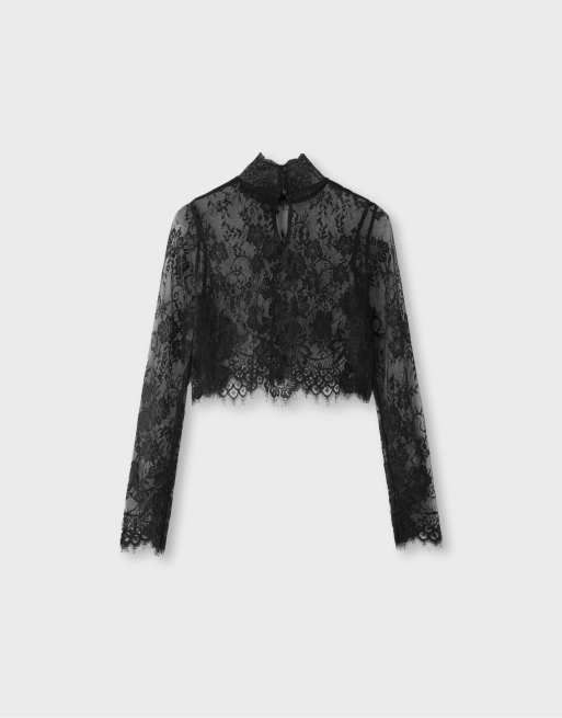 Stradivarius Spitzen-Top mit hohem Kragen in Schwarz, 7 von 7