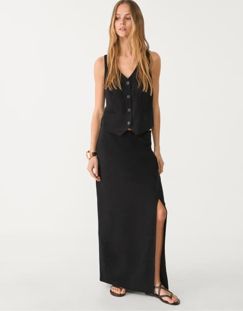 Stradivarius splie side midi skirt with linen in black - view 1