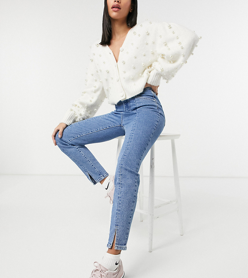 Stradivarius split front mom jeans with stretch in blue-Blues