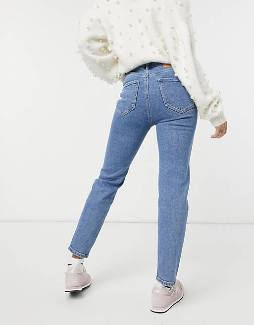 Women Stradivarius split front mom jeans with stretch in blue 