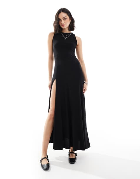 Stradivarius split hem midi maxi dress in black
