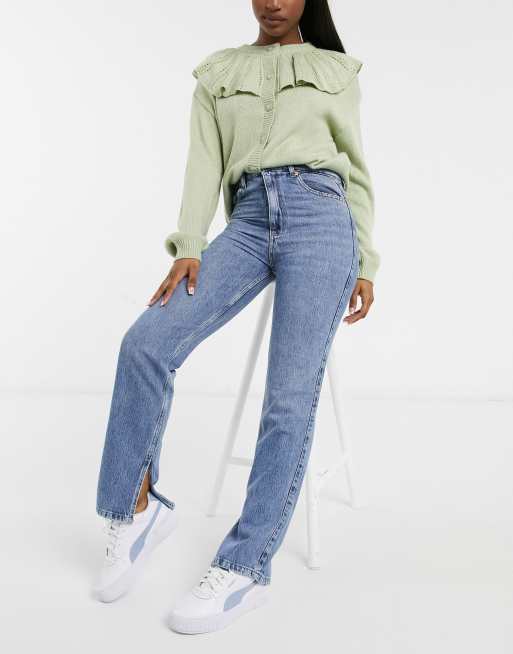 stradivarius stretch flare jean with split detail in light blue