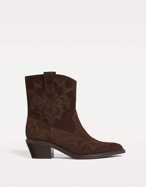 Stradivarius Split leather heeled cowboy ankle boots in brown - view 1