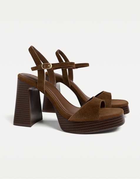 Stradivarius split leather platform sandals in brown - view 1