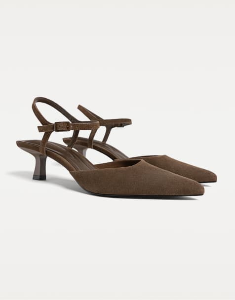 Stradivarius - Split - Pumps van leer met kitten hakken in bruin - view 1