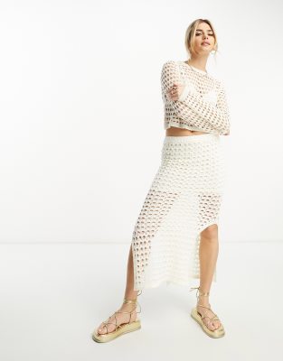 Stradivarius – Spódnica maxi z ażurowej dzianiny w kolorze ecru, część zestawu 