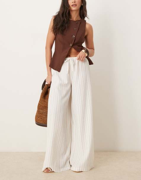 Stradivarius linen look wide leg trouser in ecru stripe
