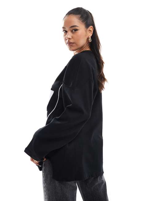 Stradivarius Oversize Sweatshirt with V Neck and Number Black L