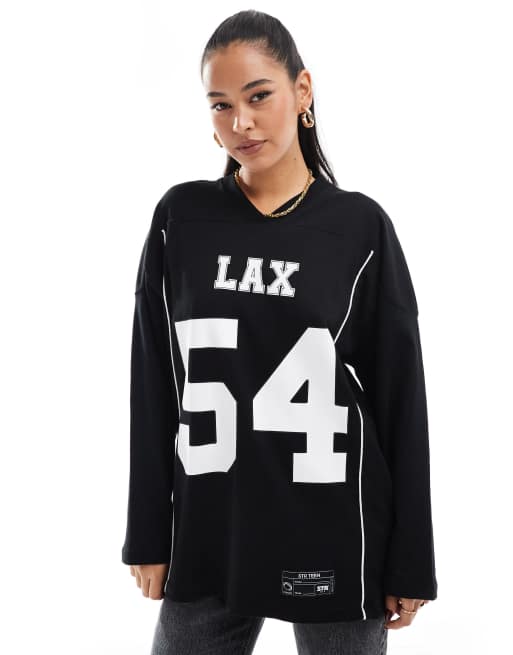 Stradivarius Oversize Sweatshirt with V Neck and Number Black L