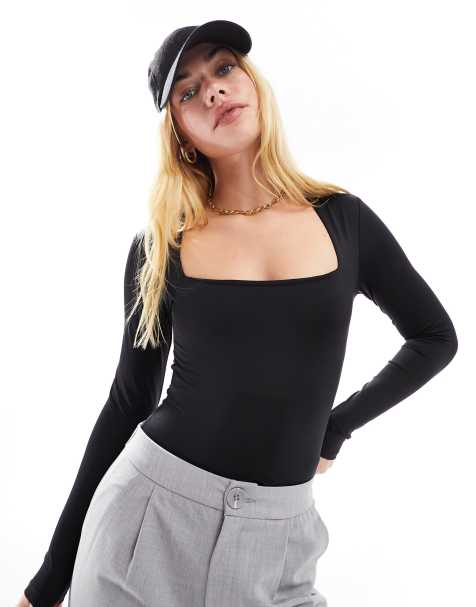 Stradivarius square neck bodysuit in black - view 1