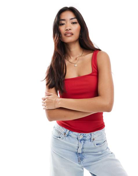 Stradivarius square neck cami top in red - view 1