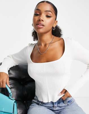 Stradivarius Square Neck Corset Seamed Knit Top In Ecru-white