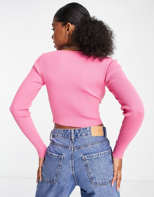 Stradivarius Square Neck Corset Seamed Knit Top In Pink