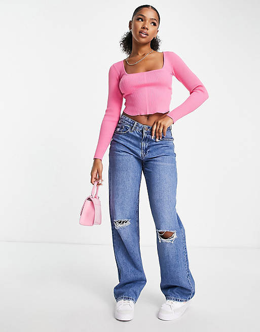 Stradivarius square neck corset seamed knit top in pink