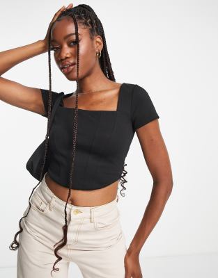 Stradivarius square neck corset top in black - ASOS Price Checker