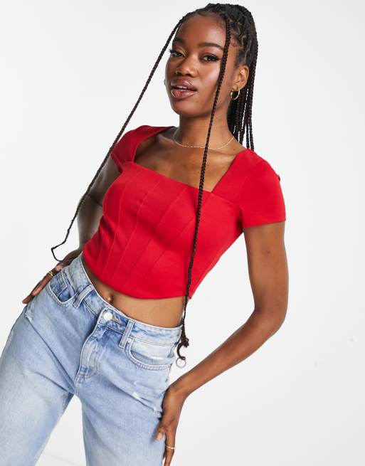 Stradivarius square neck corset top in red