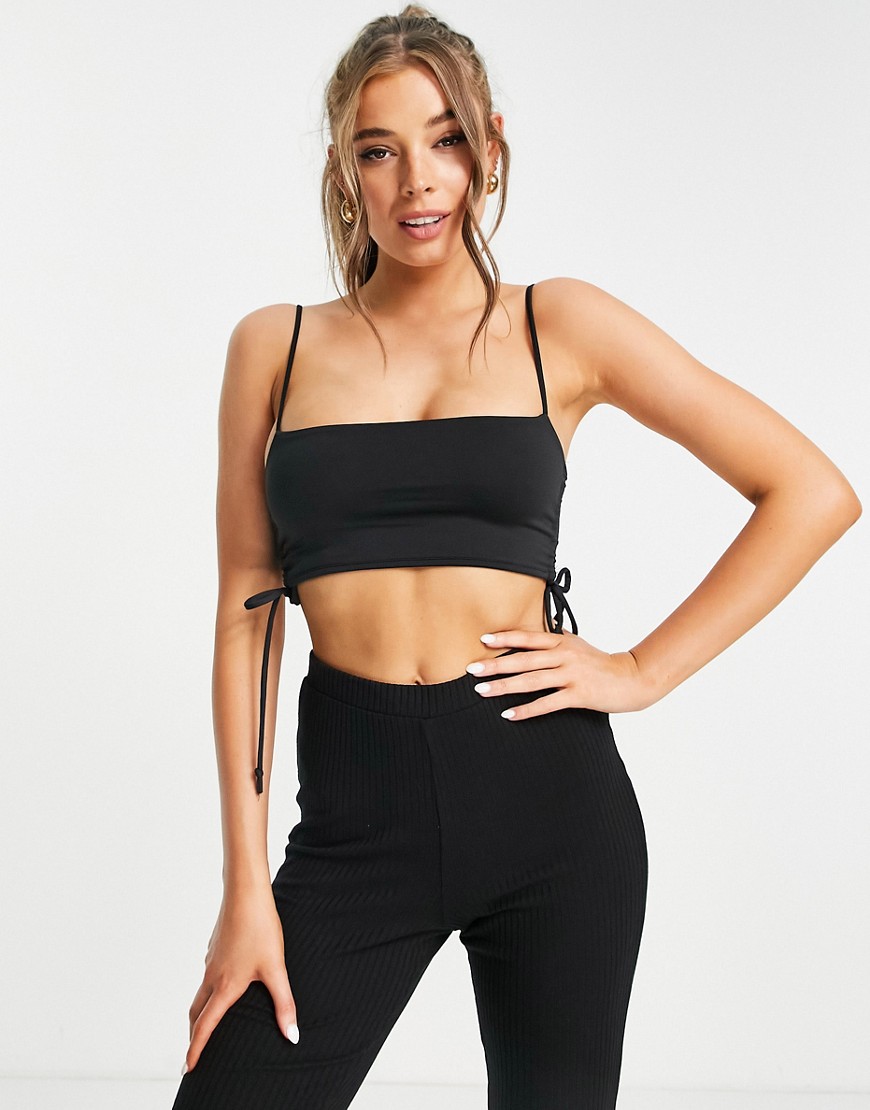 Stradivarius square neck crop cami with ruched detail in black