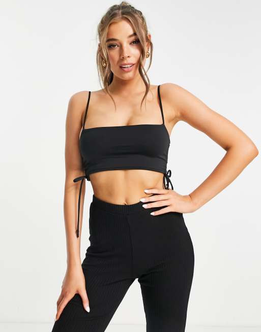 Stradivarius Square Neck Crop Cami With Ruched Detail In Black Asos