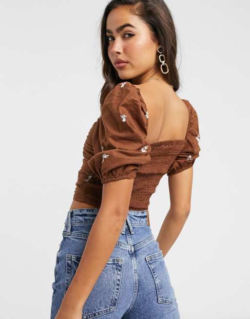 Stradivarius square neck long sleeve jersey top in brown - ShopStyle