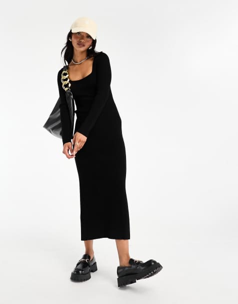 Stradivarius square neck knitted midi dress in black 