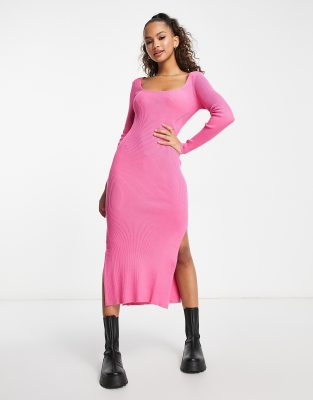 Stradivarius square neck knitted midi dress in hot pink