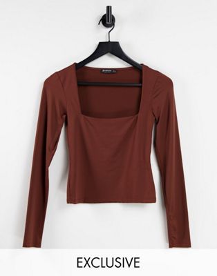 Stradivarius square neck long sleeve jersey top in brown