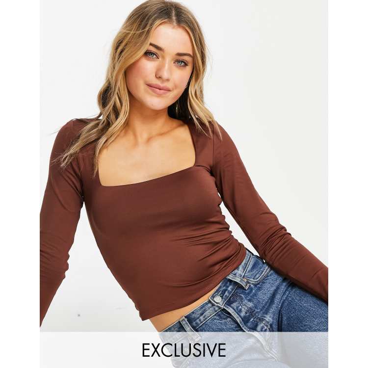 Stradivarius square neck long sleeve jersey top in brown