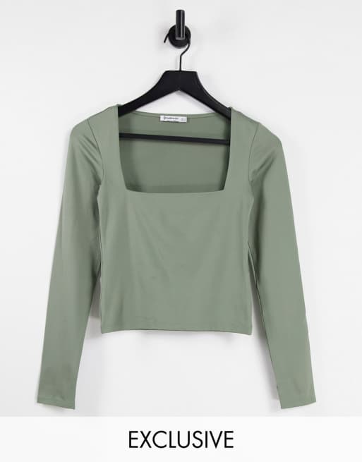 Stradivarius Square Neck Long Sleeve Jersey Top In Khaki Asos