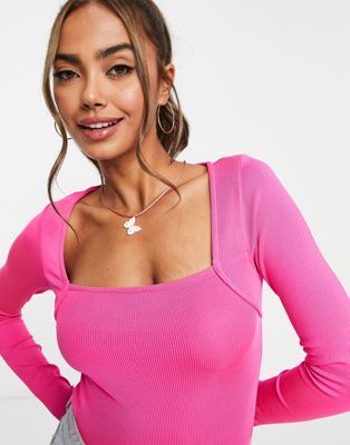 Stradivarius Square Neck Corset Seamed Knit Top In Pink