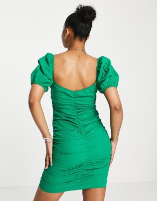 Stradivarius Square Neck Ruched Mini Dress In Green