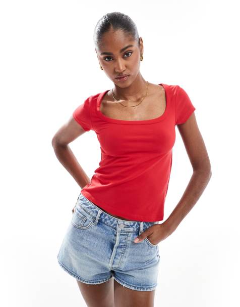 Stradivarius square neck t-shirt in red - view 1