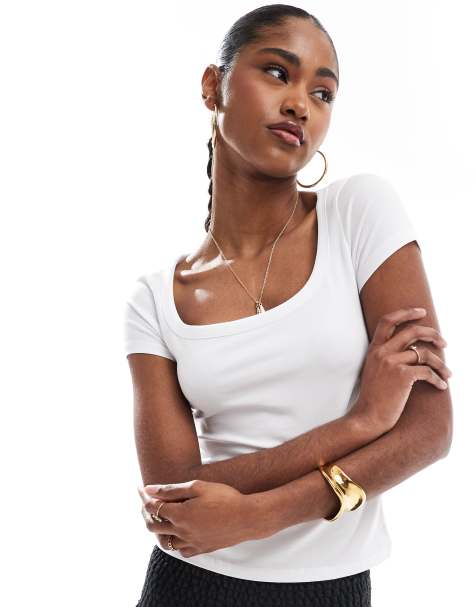 Stradivarius square neck t-shirt in white - view 1