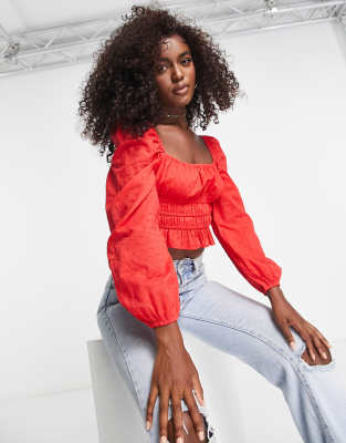 Stradivarius Square Neck Textured Ruched Top In Red