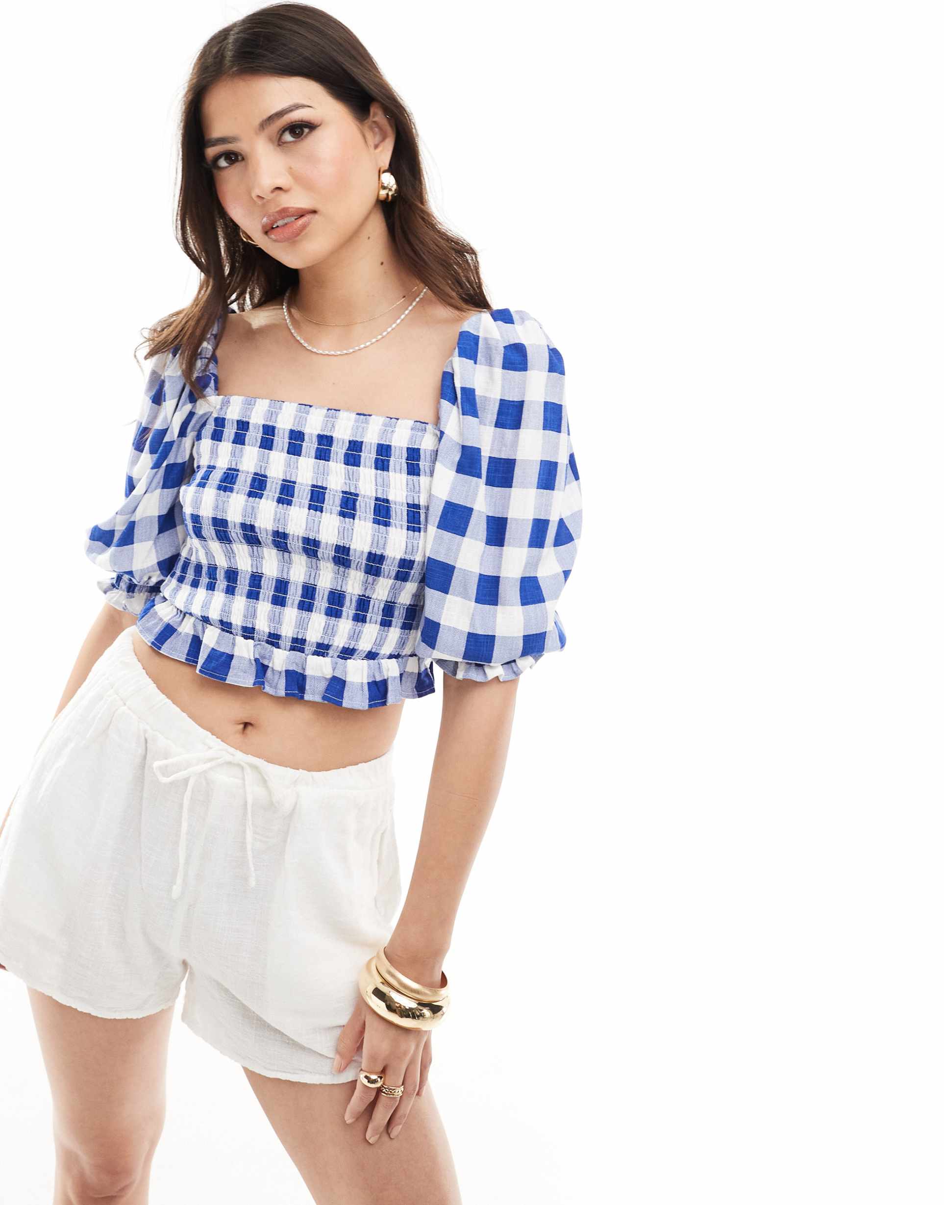 stradivarius square neck top in blue gingham print