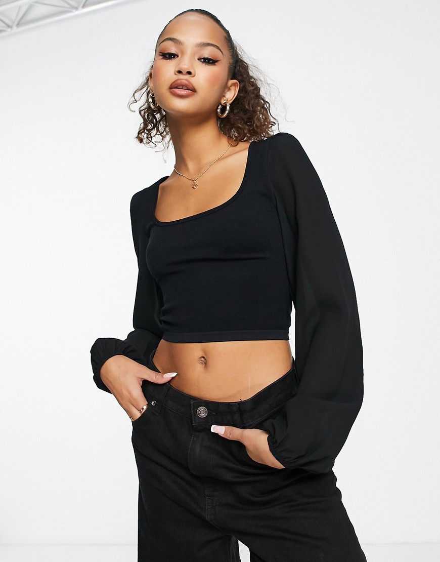 Stradivarius square neck top with chiffon sleeves in black