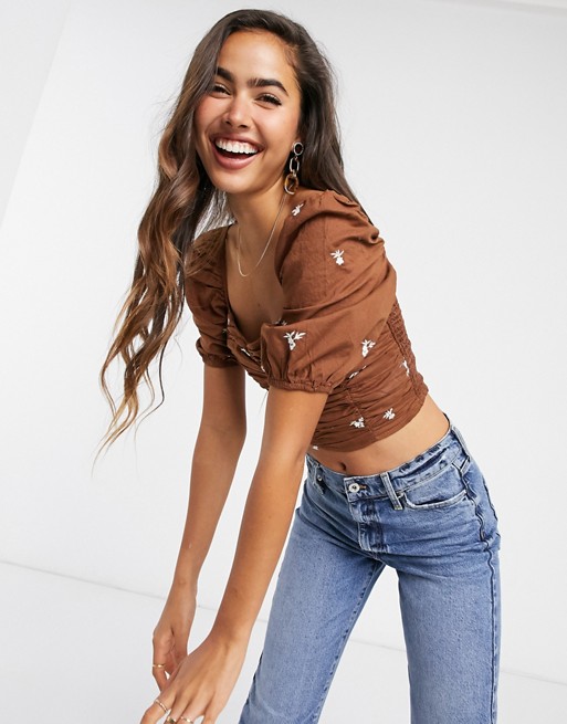 Stradivarius square neck top with embroidery in brown