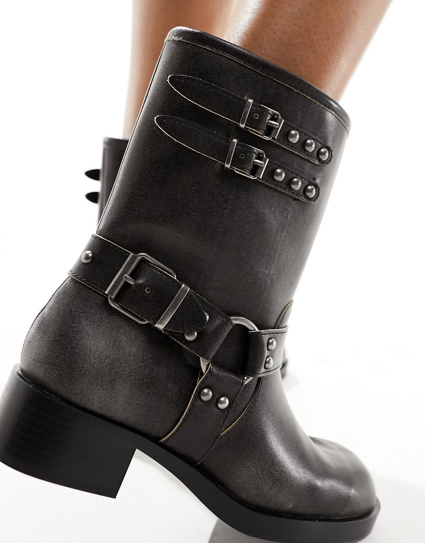 Stradivarius square toe biker boot with buckle in washed black-Grey