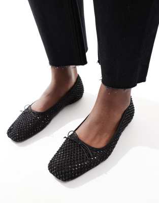 Stradivarius square toe embellished ballet flat in black