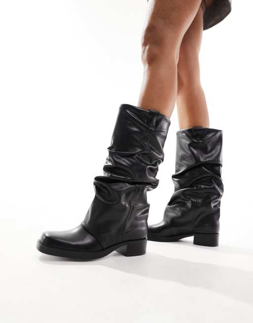 Bershka buckle detail calf length boots in black