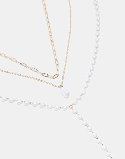 Stradivarius sæt med 3 lariat-halskæder med imiterede perler i guld, 4 af 4