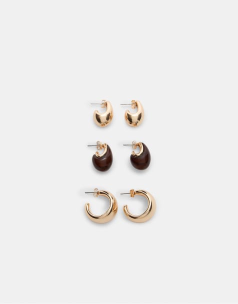 Stradivarius - Sæt med 3 par mini-øreringe med store brune sten - view 1