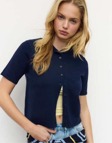 Stradivarius Stand collar buttoned knit cardigan in dark blue