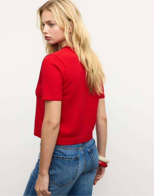 Stradivarius Stand collar buttoned knit cardigan in red, 4 of 4