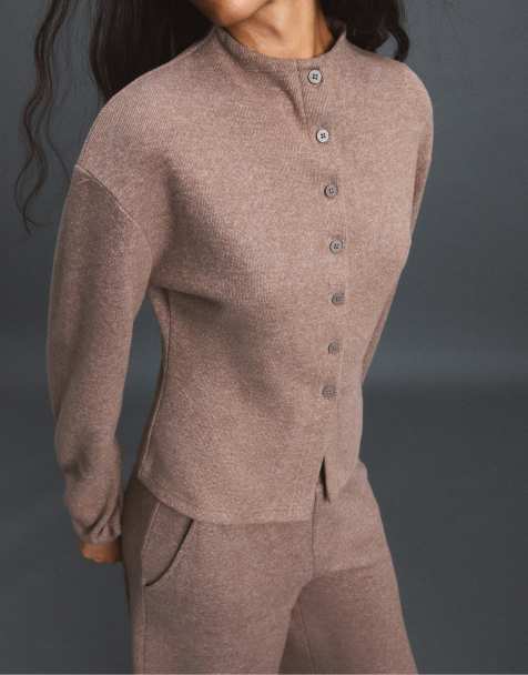 Stradivarius stand-collar knit cardigan and soft-touch barrel jogger co-ord in brown - view 1