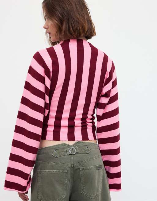 Stradivarius Stand collar knit jumper with kimono sleeves in bubblegum pink, 3 of 7