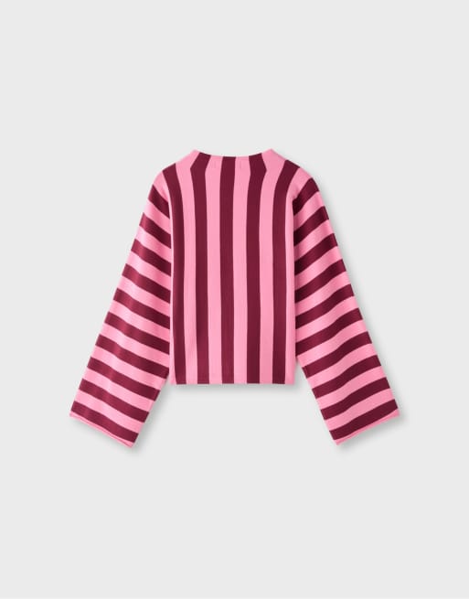 Stradivarius Stand collar knit jumper with kimono sleeves in bubblegum pink, 7 of 7