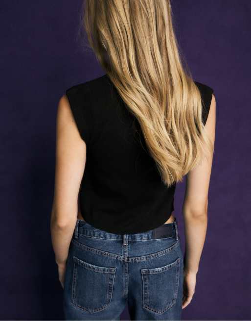 Stradivarius Stand collar knit top in black, 3 of 7