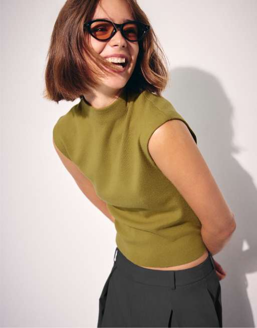 Stradivarius Stand collar knit top in olive green, 4 of 7