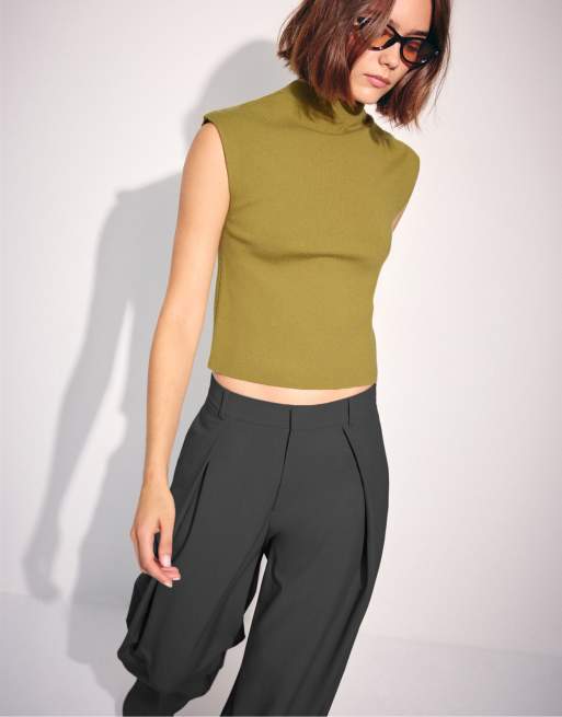 Stradivarius Stand collar knit top in olive green, 5 of 7