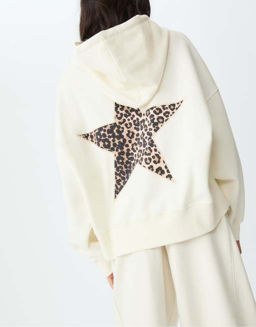 Stradivarius Star and leopard print hoodie in ecru ASOS